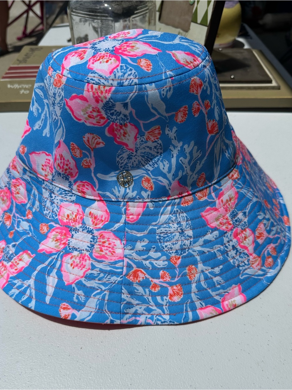 Lilly Pulitzer Blue Floral Bucket Hat with Pink Accents- brand new with tags!